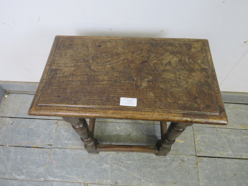 An antique oak joint stool in the 17th century taste with shaped frieze, on turned supports with - Image 3 of 3