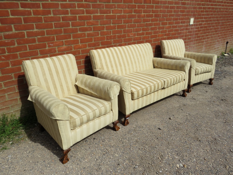 An antique mahogany Georgian Revival 3-piece lounge suite, reupholstered in neutral striped - Image 2 of 3