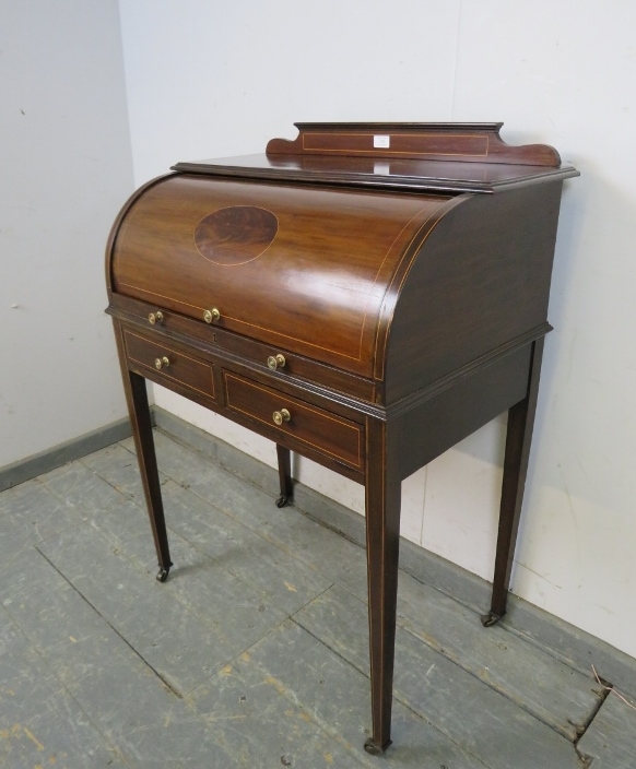 An Edwardian mahogany cylinder writing desk strung with boxwood, the lid opening onto a fitted - Image 2 of 4
