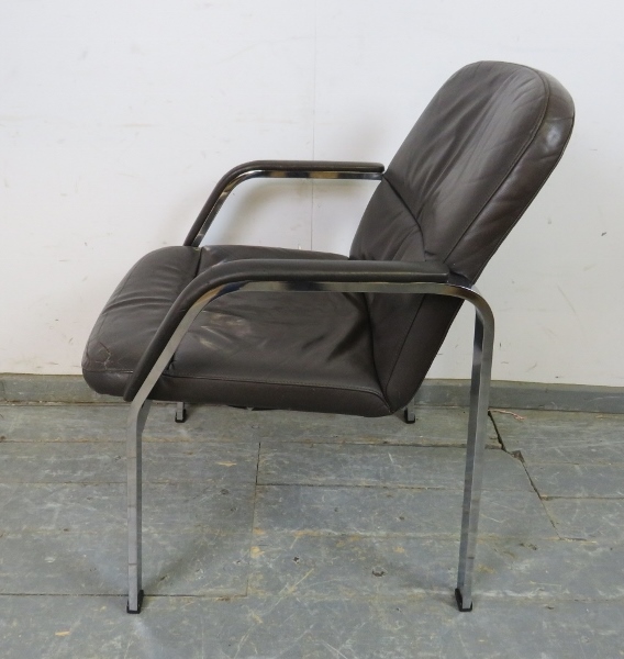 A vintage desk chair by Klober, upholstered in supple brown leather, on chrome supports. H85cm W61cm - Image 3 of 4