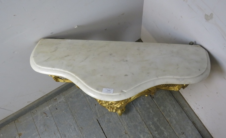 A 19th century French giltwood console table, the loose white marble top on a giltwood base with - Image 3 of 5