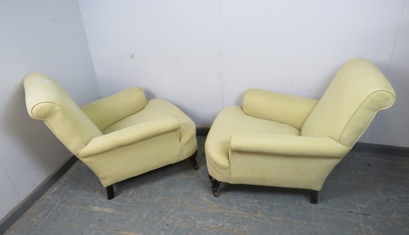 A pair of 19th century club armchairs in the manner of Howard & sons, reupholstered in pale yellow - Image 3 of 3