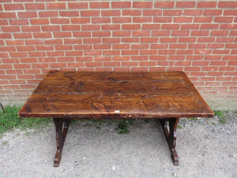 A 19th century elm refectory table of excellent colour and patina, on stile end supports with middle - Image 3 of 3