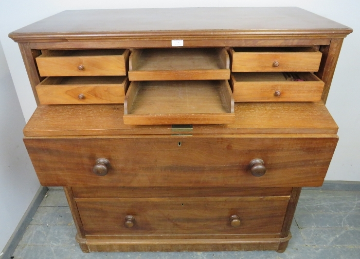 An unusual Victorian mahogany chest, the top section with fall front, opening onto a fitted interior - Image 3 of 4
