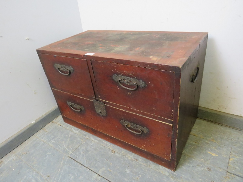 An antique Meiji Period Japanese tansu chest, having two short above one long drawer with pierced - Image 2 of 3