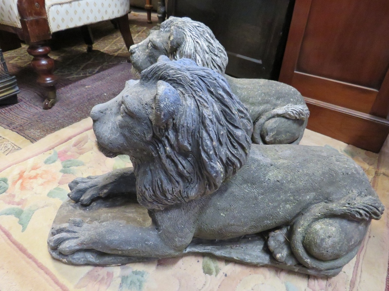 A pair of well rendered reconstituted stone lions passant, on plinth bases. H37cm W26cm D64cm ( - Image 2 of 3