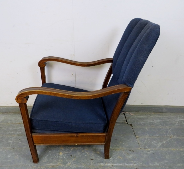 An Art Deco Period walnut open-sided armchair, upholstered in navy material, the shaped and scrolled - Image 2 of 3