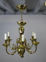 An antique style six branch chandelier, together with an Edwardian style brass hall lantern.