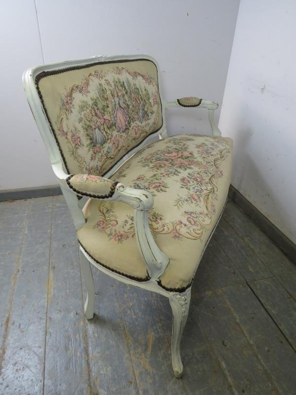 A vintage French two-seater sofa, painted white and distressed, upholstered in tapestry material - Image 4 of 4
