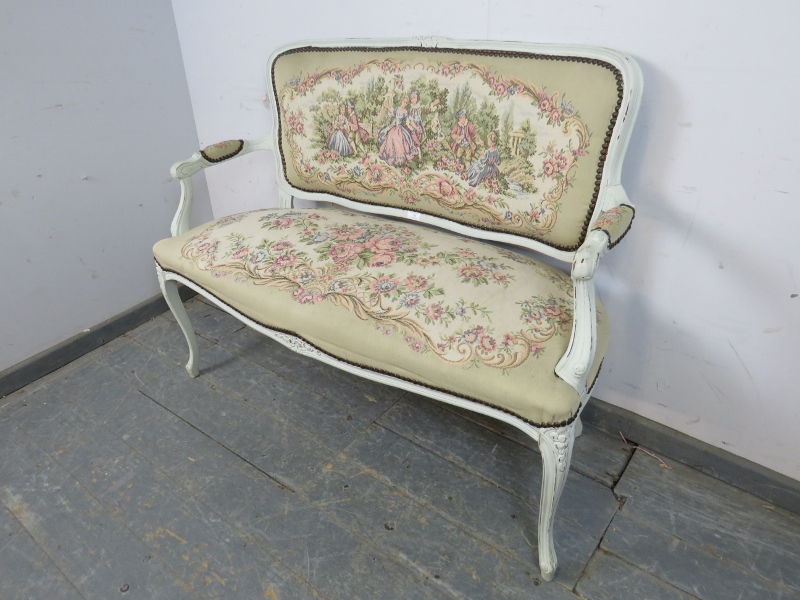 A vintage French two-seater sofa, painted white and distressed, upholstered in tapestry material - Image 2 of 4