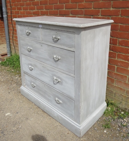 An Edwardian oak chest, painted grey and distressed, housing two short above three long graduated - Image 3 of 3