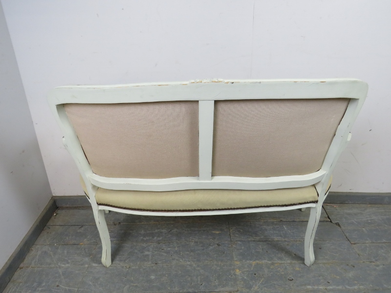 A vintage French two-seater sofa, painted white and distressed, upholstered in tapestry material - Image 3 of 4