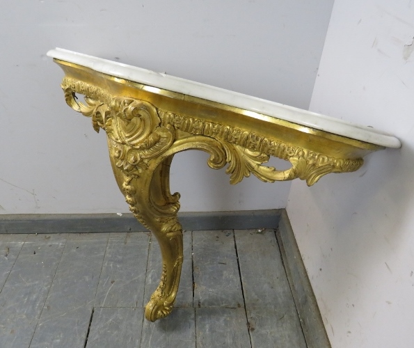 A 19th century French giltwood console table, the loose white marble top on a giltwood base with - Image 2 of 5