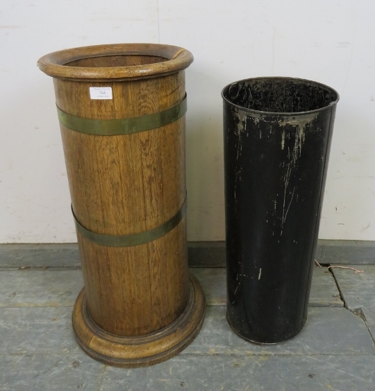 An early 20th century coopered light oak cylinder stick stand, having a tin liner, on a plinth base. - Image 3 of 3