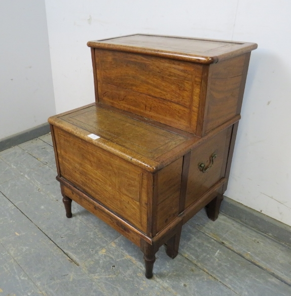 A set of Edwardian mahogany library steps, having inset gilt tooled brown leather treads and - Image 2 of 4