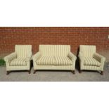 An antique mahogany Georgian Revival 3-piece lounge suite, reupholstered in neutral striped