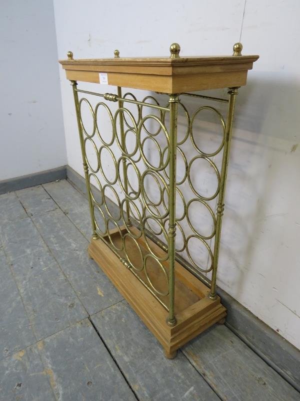 A vintage beech and brass wine rack (capacity 16 bottles) with brass ball finials, on a stepped - Image 2 of 3