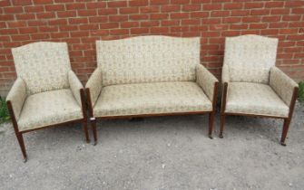 An Edwardian mahogany 3-piece salon suite, reupholstered in high quality embroidered material,