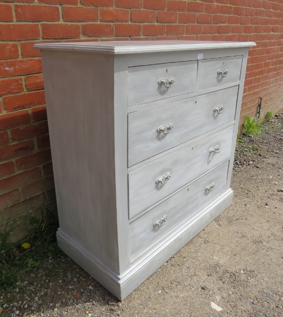 An Edwardian oak chest, painted grey and distressed, housing two short above three long graduated - Image 2 of 3