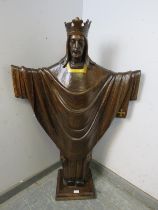 A well carved antique oak statue of Christ, on a plinth base. H117cm W76cm D29cm (approx). Condition