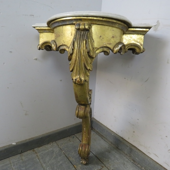 A 19th century French giltwood console table, the shaped white marble loose top on a giltwood base - Image 2 of 4