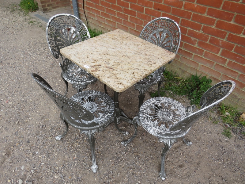 A vintage five-piece garden set painted metallic grey comprising a marble-topped square table on a - Image 3 of 3