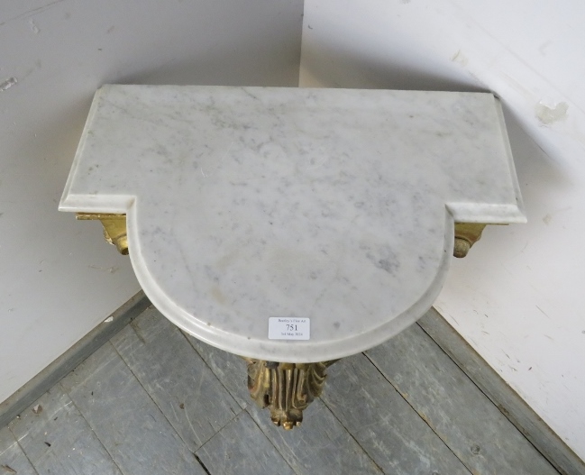 A 19th century French giltwood console table, the shaped white marble loose top on a giltwood base - Image 3 of 4