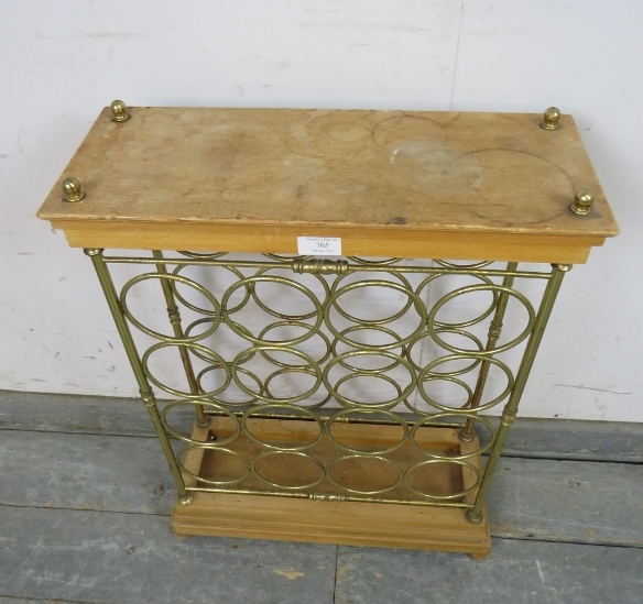 A vintage beech and brass wine rack (capacity 16 bottles) with brass ball finials, on a stepped - Image 3 of 3