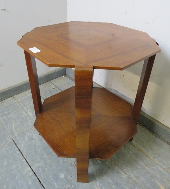An Art Deco Period walnut octagonal two-tier table, the quarter veneered top with swing-out brass - Image 2 of 3