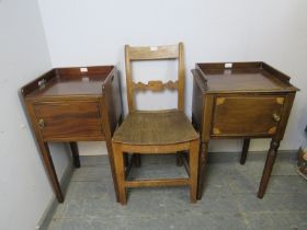 Two 19th century mahogany inlaid bedside cabinets with ¾ galleries, together with a 19th century elm