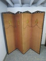 An antique Japanese Meiji Period four-section folding screen, the top with relief carving