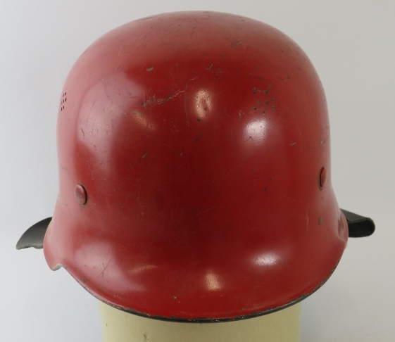 A 1960s German steel red fire helmet with leather neck cowl - Image 2 of 3