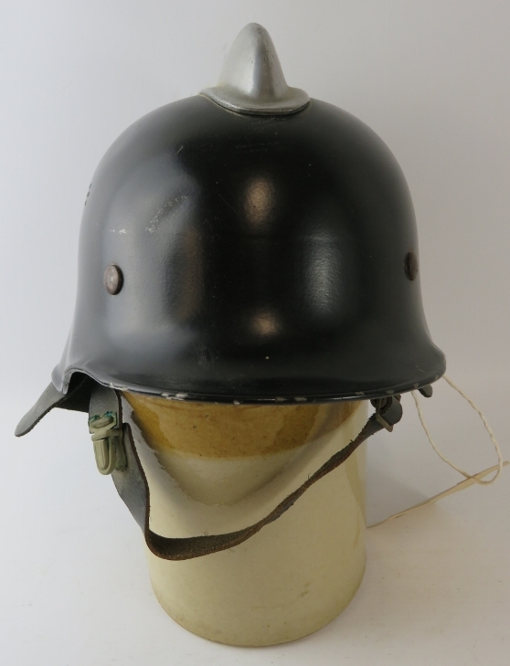 A 1960s German black steel fire helmet with alloy mounts and leather neck cowl - Image 2 of 3