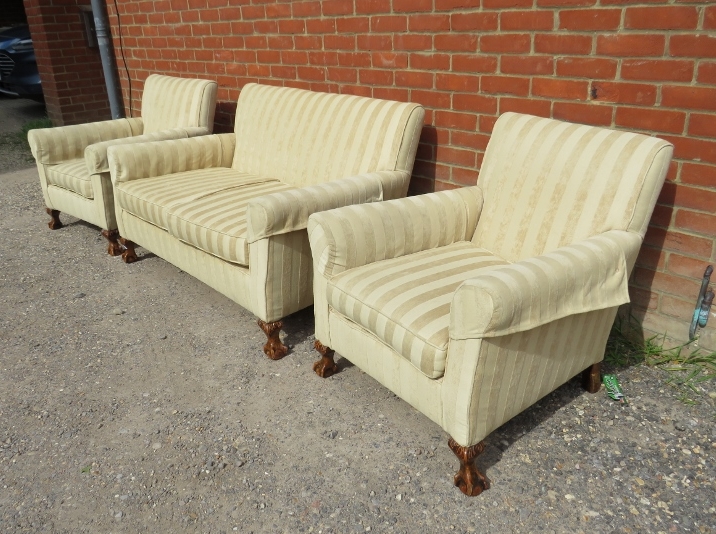 An antique mahogany Georgian Revival 3-piece lounge suite, reupholstered in neutral striped - Image 3 of 3
