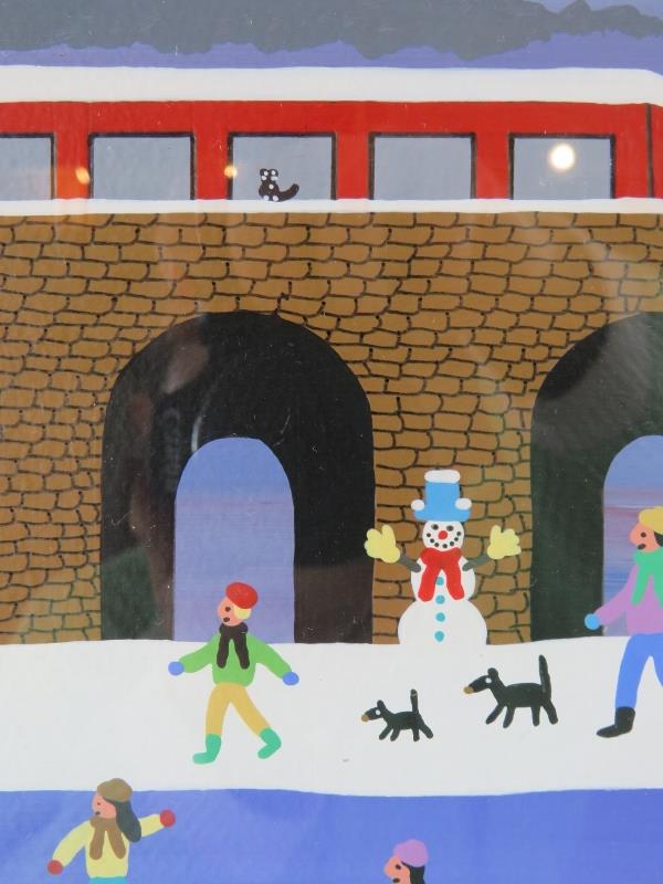 Gordon Barker (British) - A framed & glazed acrylic on paper, 'Ice skating by the steam train, - Image 4 of 5