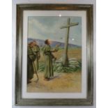 Evelyn Stuart Hardy (1866-1935) - A framed & glazed watercolour, 'Monks by a cross', signed lower
