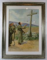 Evelyn Stuart Hardy (1866-1935) - A framed & glazed watercolour, 'Monks by a cross', signed lower