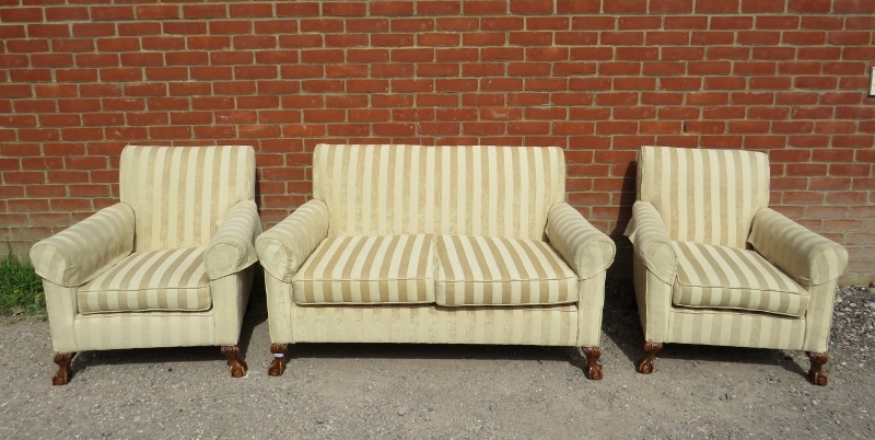 An antique mahogany Georgian Revival 3-piece lounge suite, reupholstered in neutral striped
