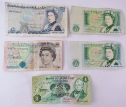 Five obsolete British decimal paper banknotes including a G M Gill £5 note with watermark error