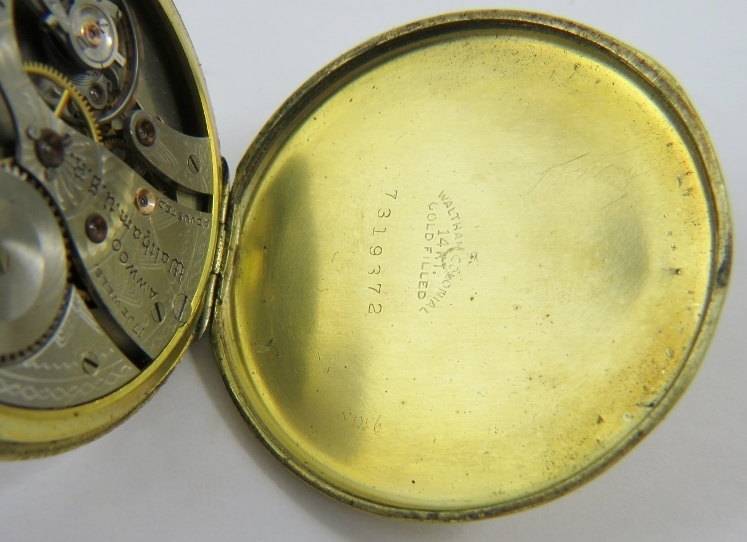 A Waltham Colonial yellow metal pocket watch, with engraved open face, seconds wheel, slimline, - Image 5 of 5