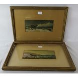 A pair of late 19th/20th century watercolours, 'Stags in remote settings'. 11.5cm x 28 cm (4.5'' x