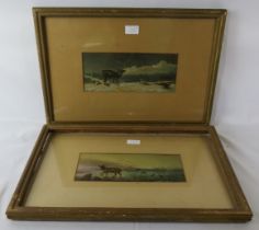 A pair of late 19th/20th century watercolours, 'Stags in remote settings'. 11.5cm x 28 cm (4.5'' x
