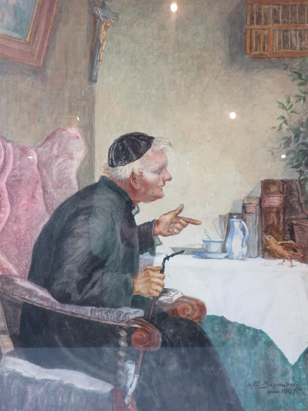 Hans W Schwaben - 19th/20th century clergy seated talking to a feathered bird on his table, signed - Image 2 of 5