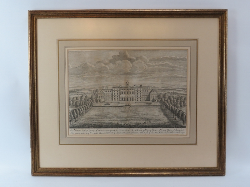 An engraving entitled ’Badminton in the County of Gloucester’, dated 1699. Well Framed and glazed.