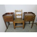 Two 19th century mahogany inlaid bedside cabinets with ¾ galleries, together with a 19th century elm