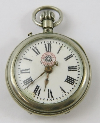 Roscopf Patent, a Swiss Made white metal pocket watch, the open faced white enamel dial with Roman