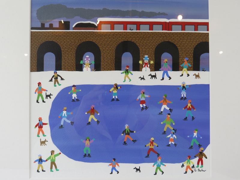 Gordon Barker (British) - A framed & glazed acrylic on paper, 'Ice skating by the steam train, - Image 2 of 5