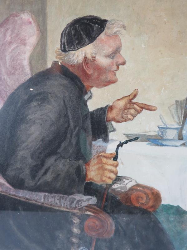 Hans W Schwaben - 19th/20th century clergy seated talking to a feathered bird on his table, signed - Image 3 of 5