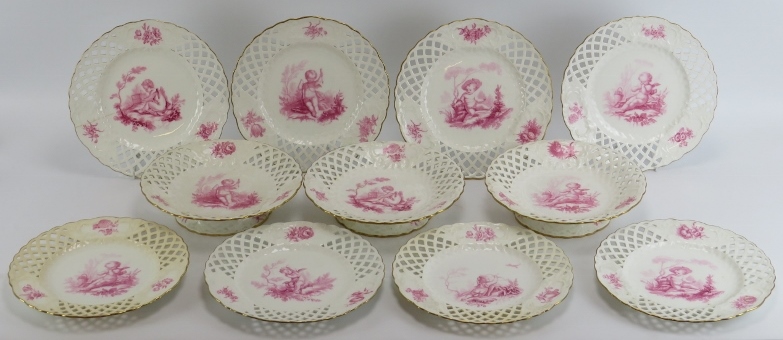 A group of Minton porcelain dinner plates and comports. Comprising nine plates, four comports and