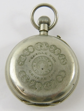 Roscopf Patent, a Swiss Made white metal pocket watch, the open faced white enamel dial with Roman - Image 2 of 3